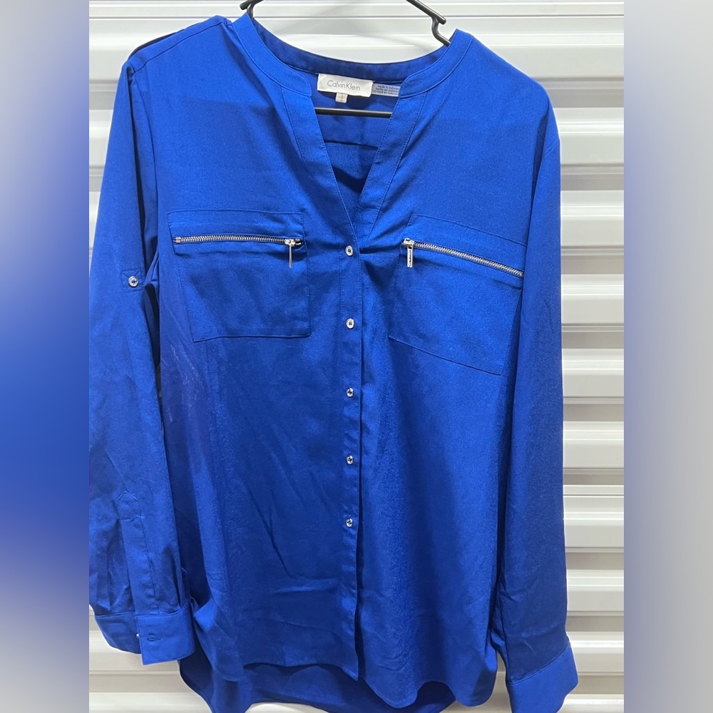 Calvin Klein Royal Blue Button-Front Shirt with Zip Chest Pockets